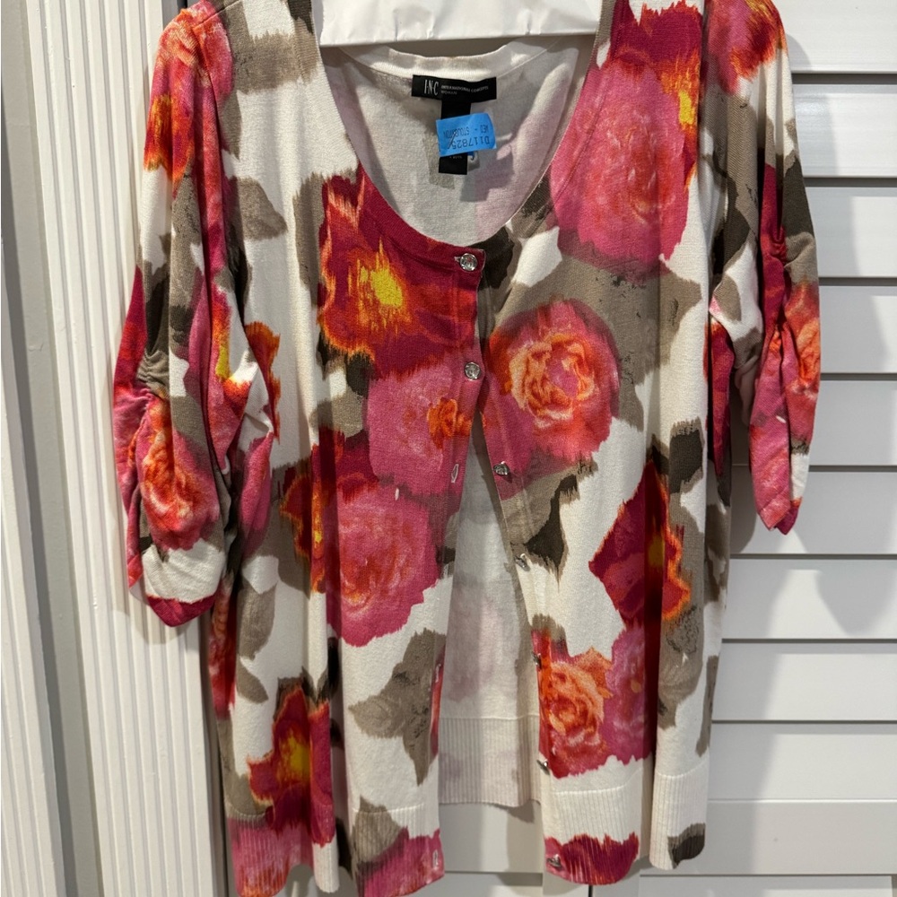 INC International Concepts Floral Button Down Shirt - Red and Cream